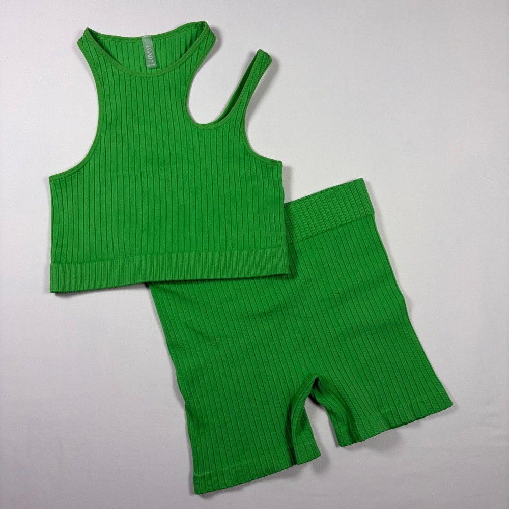 ANWND Ribbed Cutout Crop Top & Biker Shorts Set Green Athleisure Workout S/M